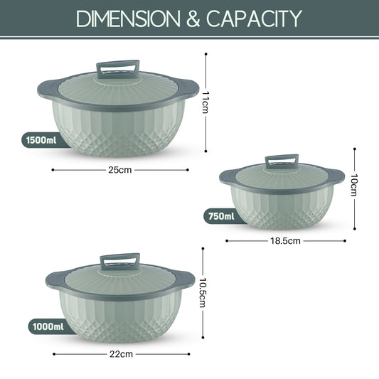 Eternity Inner Steel Insulated 750, 1000 & 1500 Ml Thermoware Casserole Set Of 3