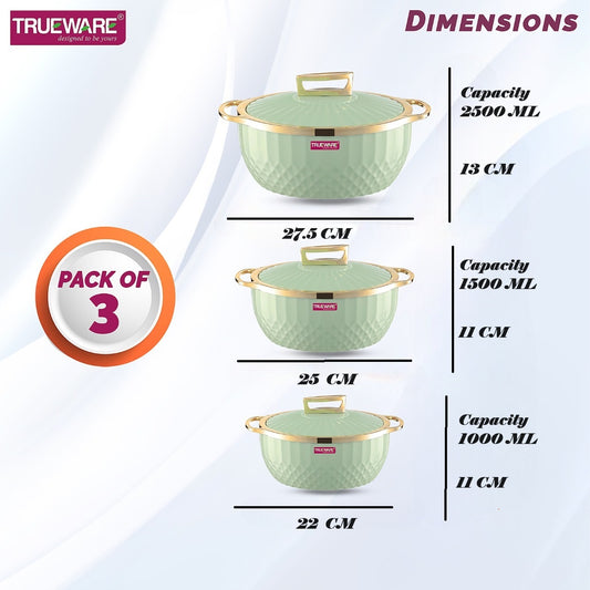 Krystal Inner Steel Casserole Set Of 3, 1000 Ml, 1500 Ml & 2500 Ml | Pu Insulated