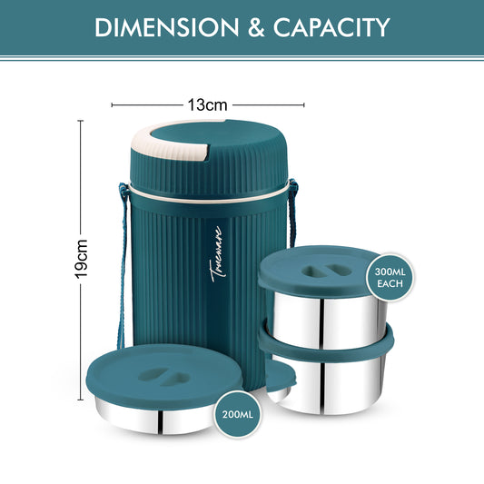 Grub 2 Double Wall Insulated Hot Lunch Box With 2 Ss Container 300 Ml Each & 1 Ss Container 200Ml