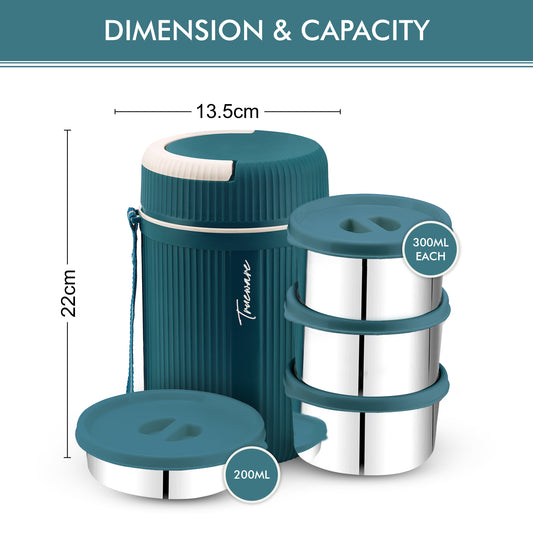 Plastic Grub 4 Double Wall Insulated Hot Lunch Box With 3 Ss Container 300 Ml Each & 1 Ss Container 200Ml