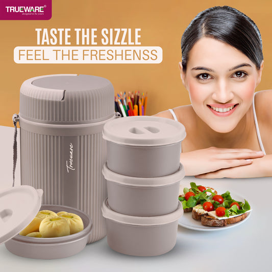 Meal 4 Insulated Hot Lunch Box With 3 Pp Container 300 Ml Each & 1 200Ml