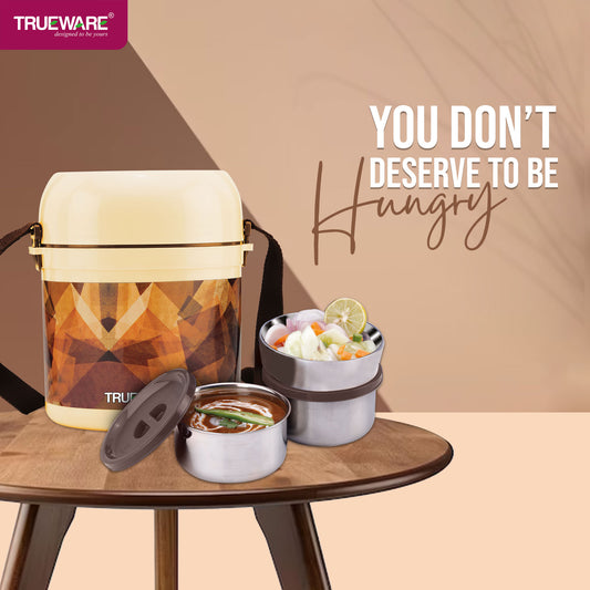 Office 2 Lunch Box With 3 Stainless Steel Container,300Ml X2, 200Ml X 1 Brown