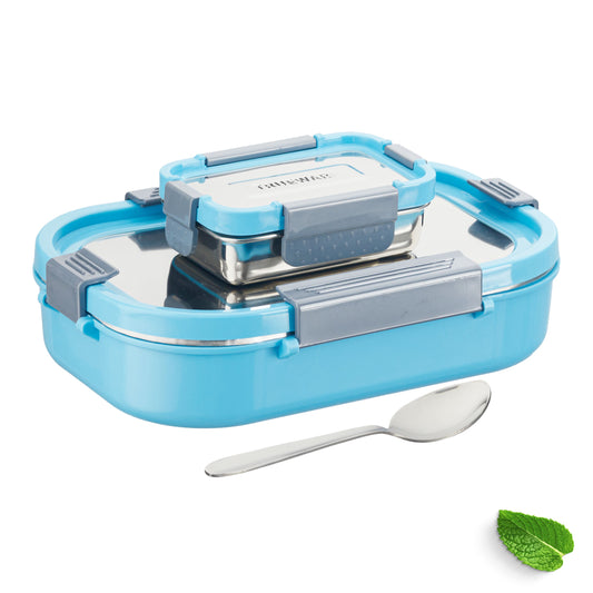 Clip Flip Lunch Box Inner Steel Outer Plastic Big Container 1000Ml & Veggie Container 200Ml