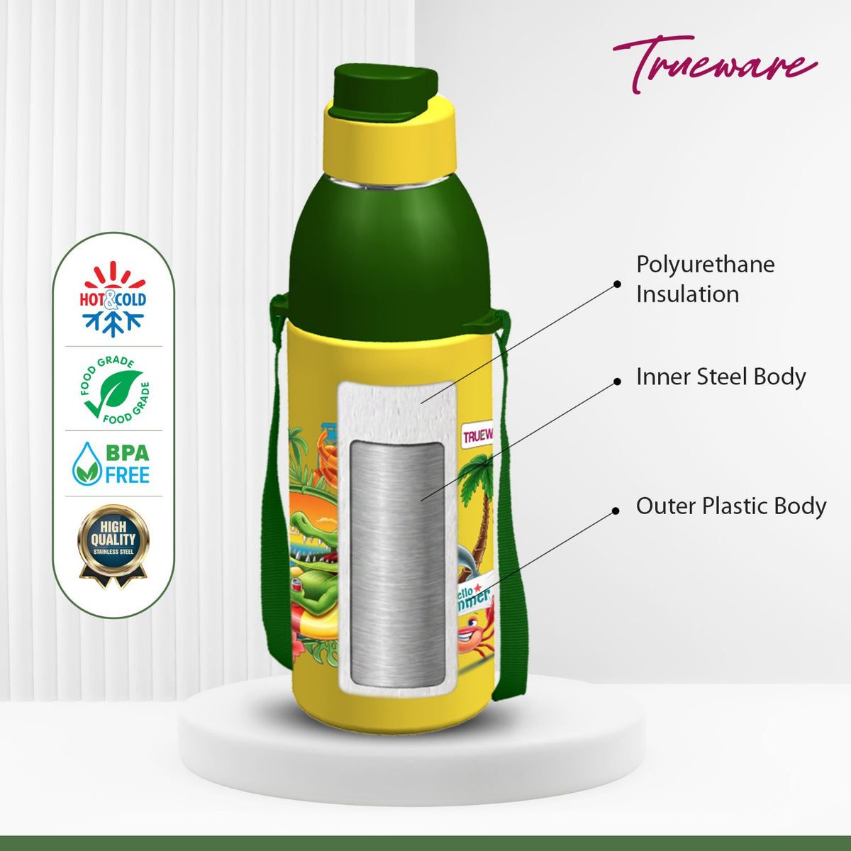 Trueware Aqua Sip Junior Inner Stainless Steel Kids Water Bottle | 520 ml