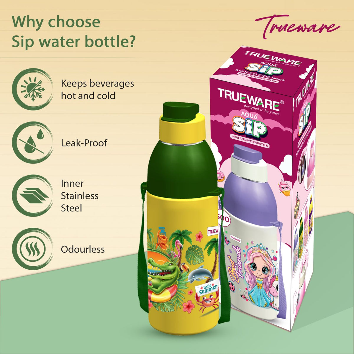 Trueware Aqua Sip Junior Inner Stainless Steel Kids Water Bottle | 520 ml