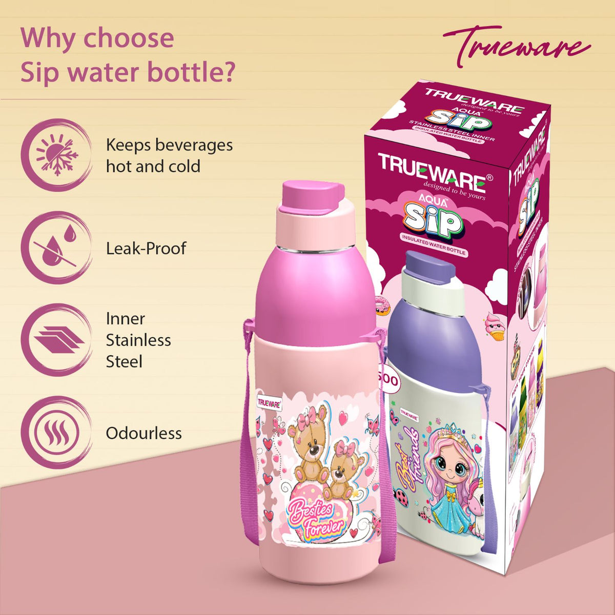 Trueware Aqua Sip Junior Inner Stainless Steel Kids Water Bottle | 520 ml