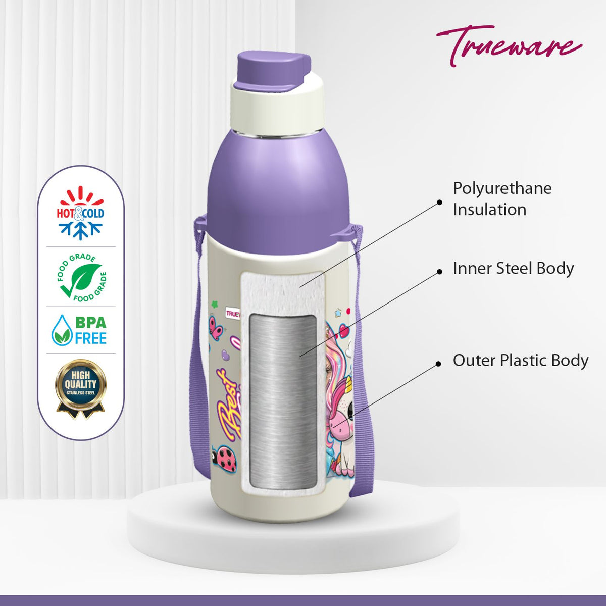 Trueware Aqua Sip Junior Inner Stainless Steel Kids Water Bottle | 520 ml