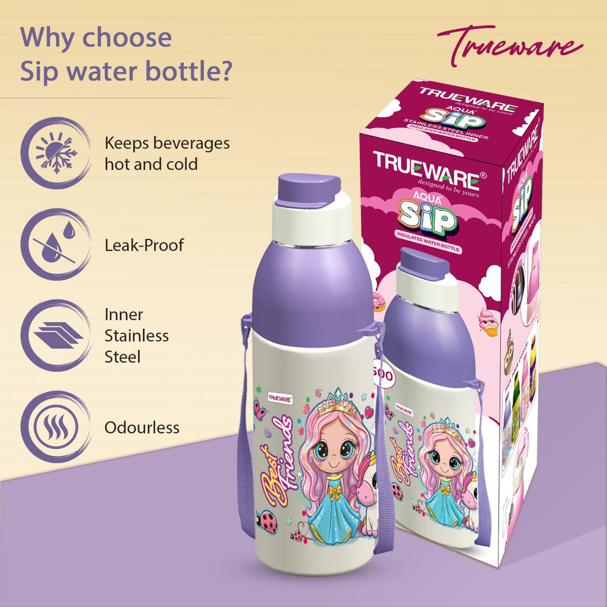 Trueware Aqua Sip Junior Inner Stainless Steel Kids Water Bottle | 520 ml