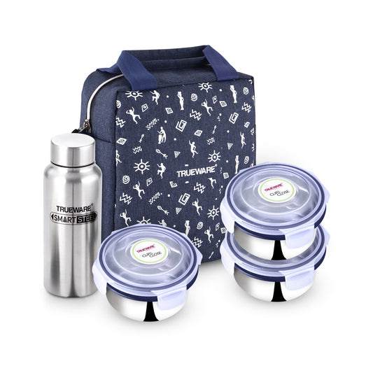 Trueware Crave Clip & Close Khadi Lunch Box with 3 Container 300ml & 1 Bottle 500ml | 3 Containers Lunch Box