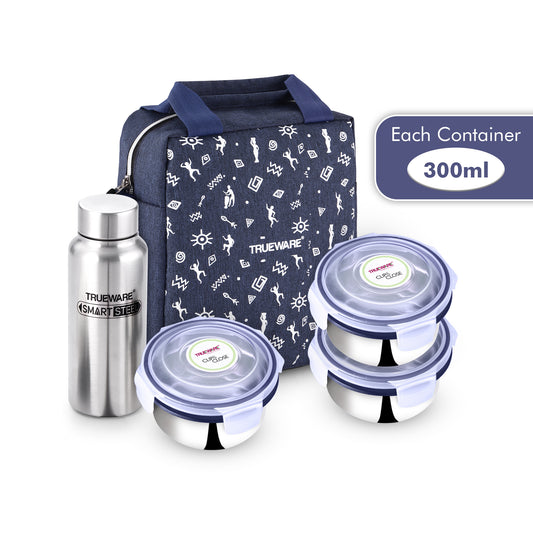 Trueware Crave Clip & Close Khadi Lunch Box with 3 Container 300ml & 1 Bottle 500ml | 3 Containers Lunch Box