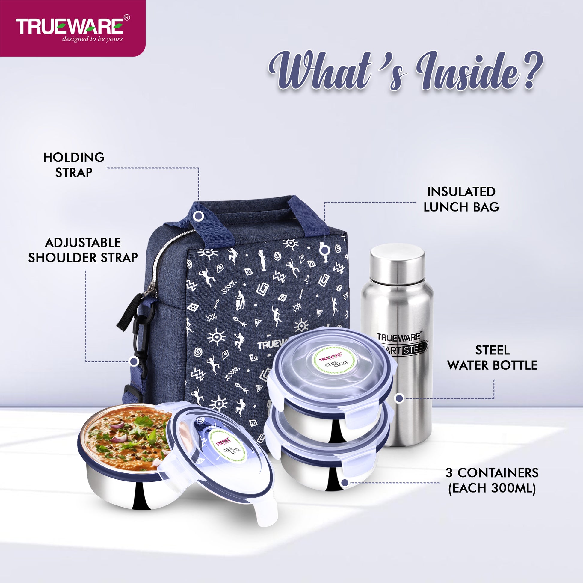 Trueware Crave Clip & Close Khadi Lunch Box with 3 Container 300ml & 1 Bottle 500ml | 3 Containers Lunch Box