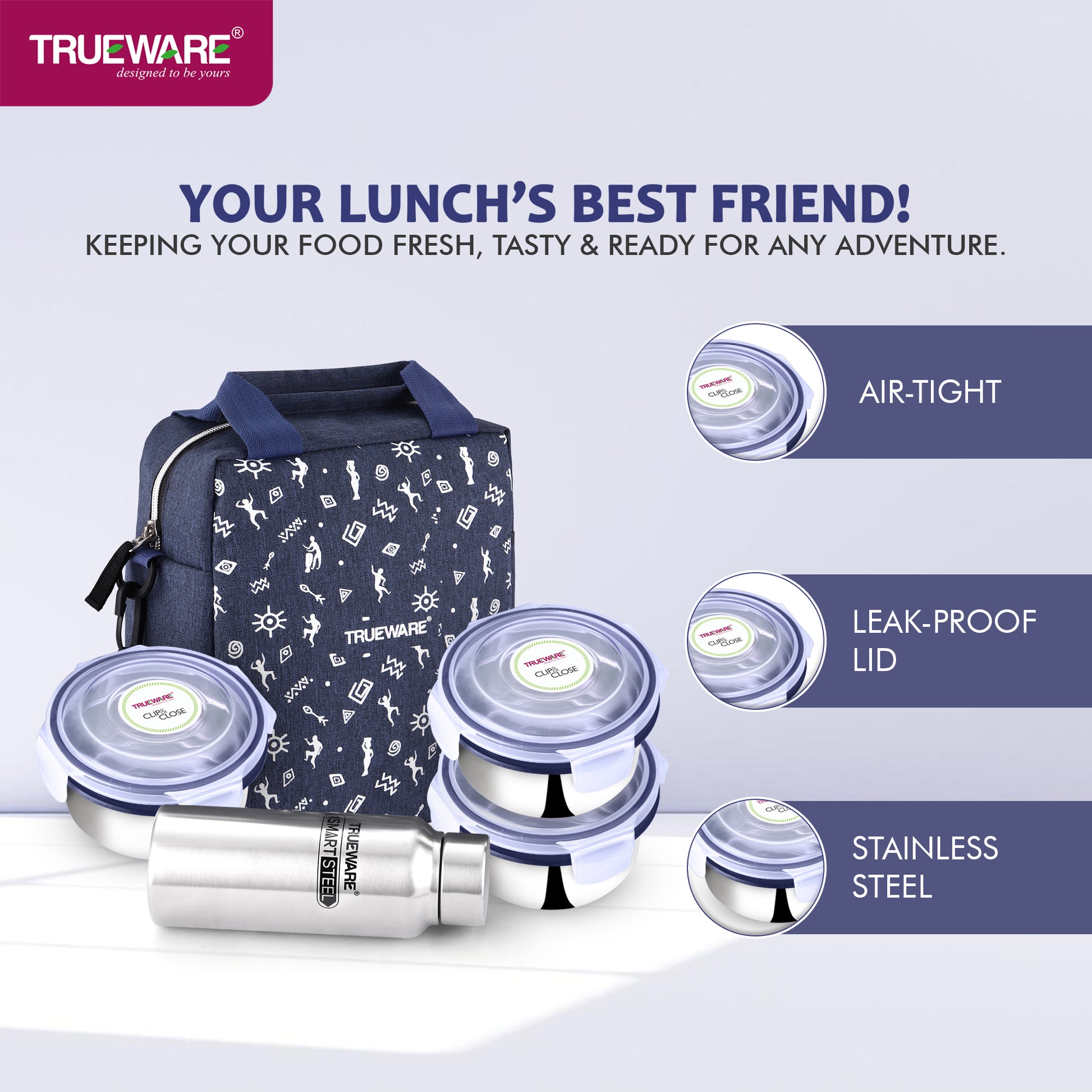 Trueware Crave Clip & Close Khadi Lunch Box with 3 Container 300ml & 1 Bottle 500ml | 3 Containers Lunch Box