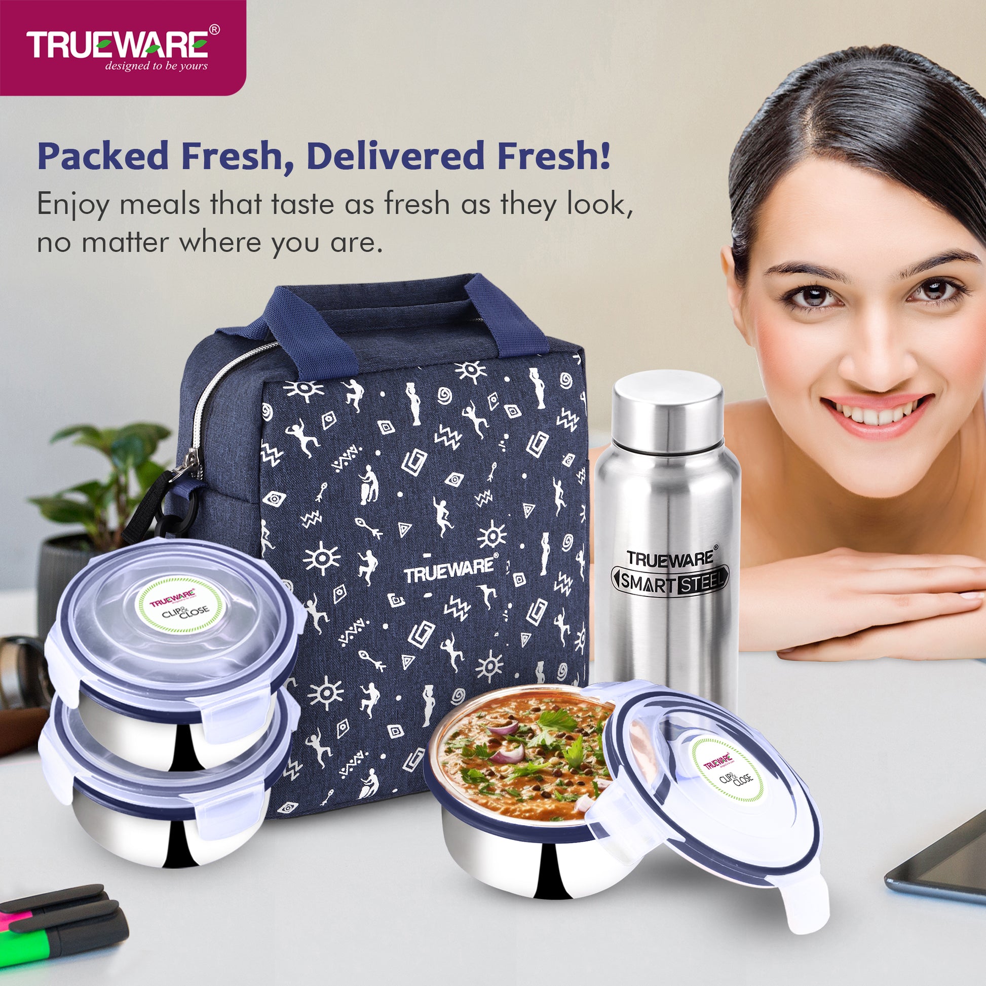 Trueware Crave Clip & Close Khadi Lunch Box with 3 Container 300ml & 1 Bottle 500ml | 3 Containers Lunch Box