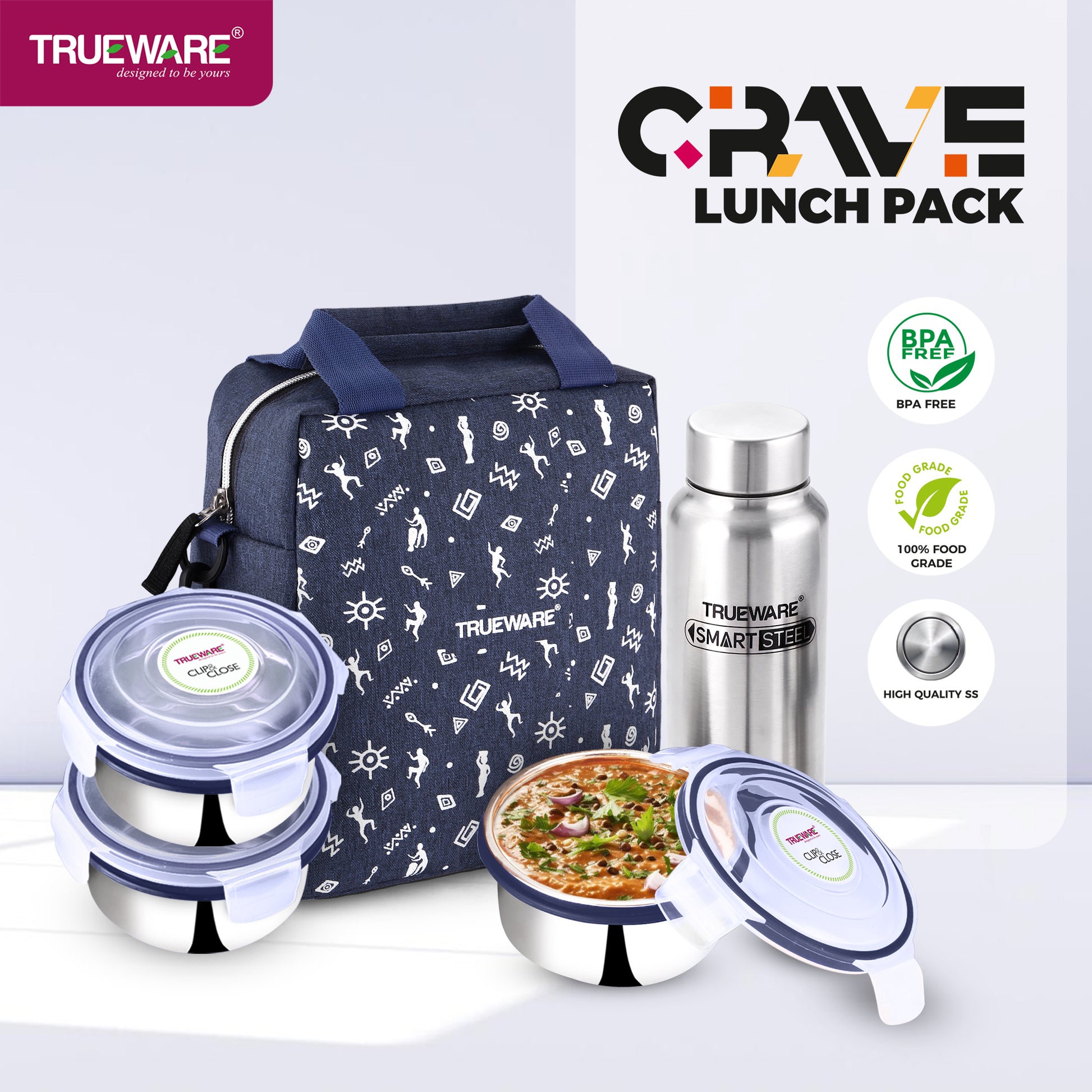 Trueware Crave Clip & Close Khadi Lunch Box with 3 Container 300ml & 1 Bottle 500ml | 3 Containers Lunch Box