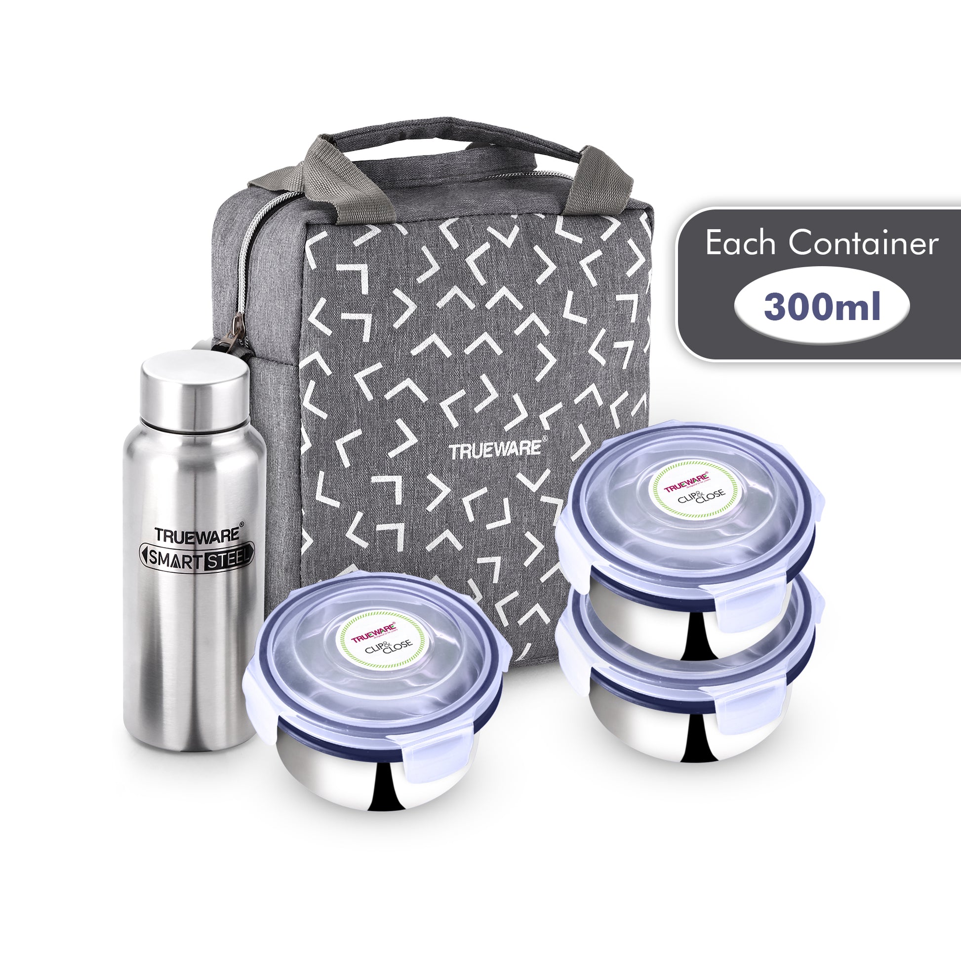 Trueware Crave Clip & Close Khadi Lunch Box with 3 Container 300ml & 1 Bottle 500ml | 3 Containers Lunch Box