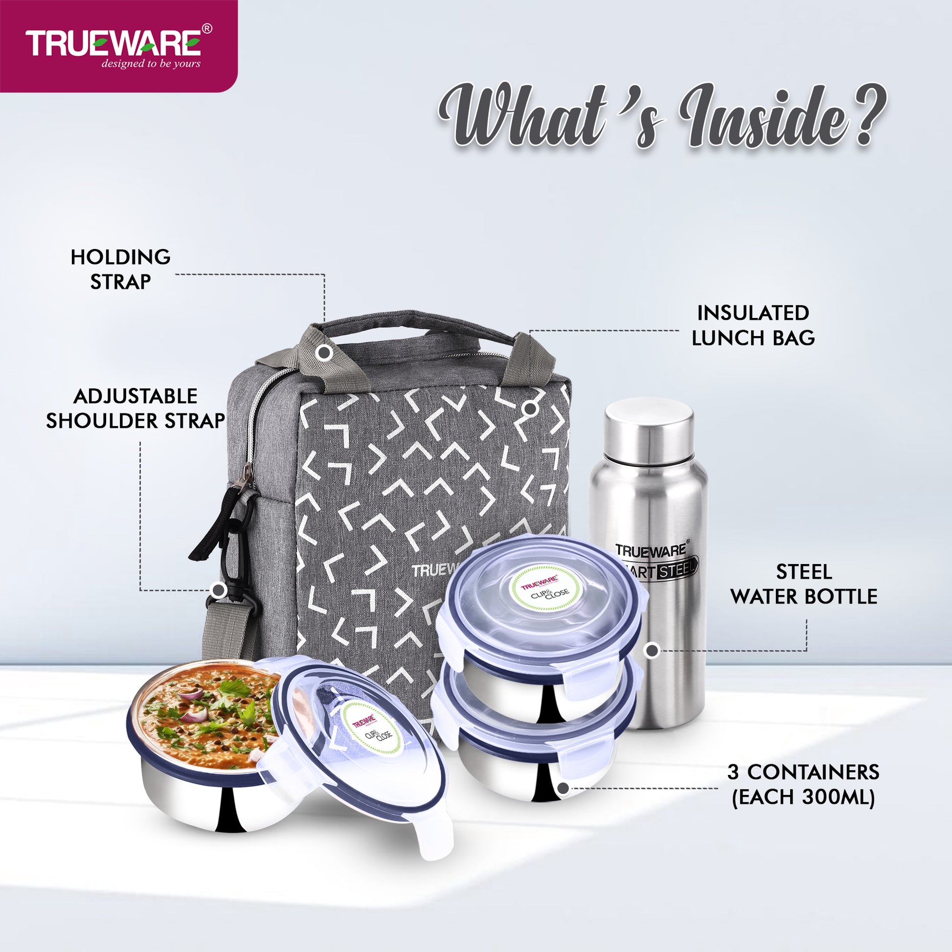 Trueware Crave Clip & Close Khadi Lunch Box with 3 Container 300ml & 1 Bottle 500ml | 3 Containers Lunch Box