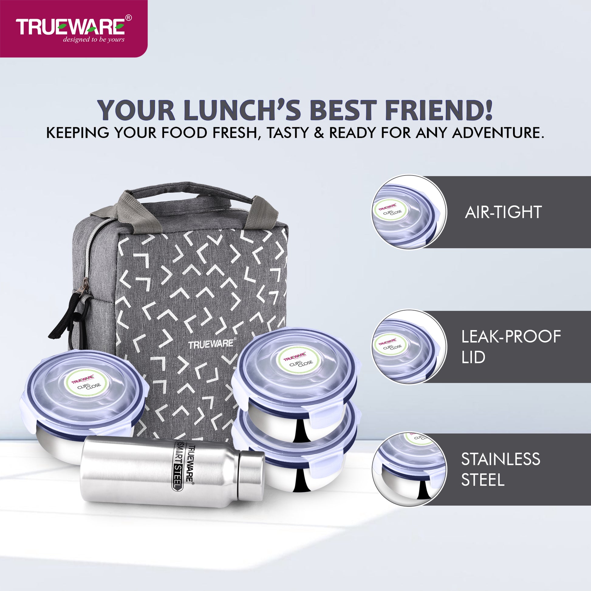 Trueware Crave Clip & Close Khadi Lunch Box with 3 Container 300ml & 1 Bottle 500ml | 3 Containers Lunch Box