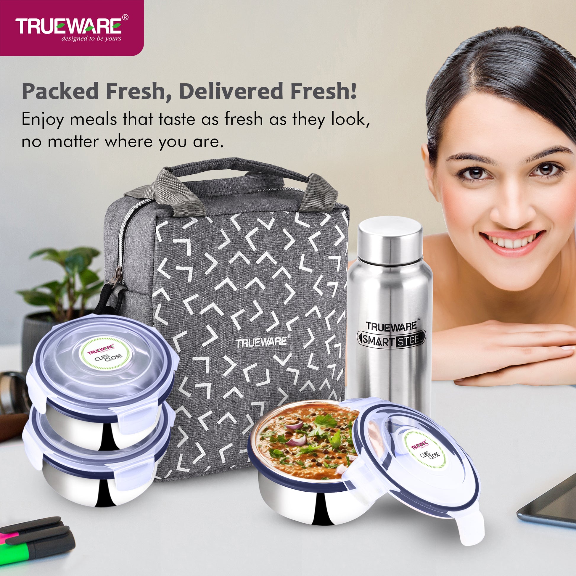 Trueware Crave Clip & Close Khadi Lunch Box with 3 Container 300ml & 1 Bottle 500ml | 3 Containers Lunch Box