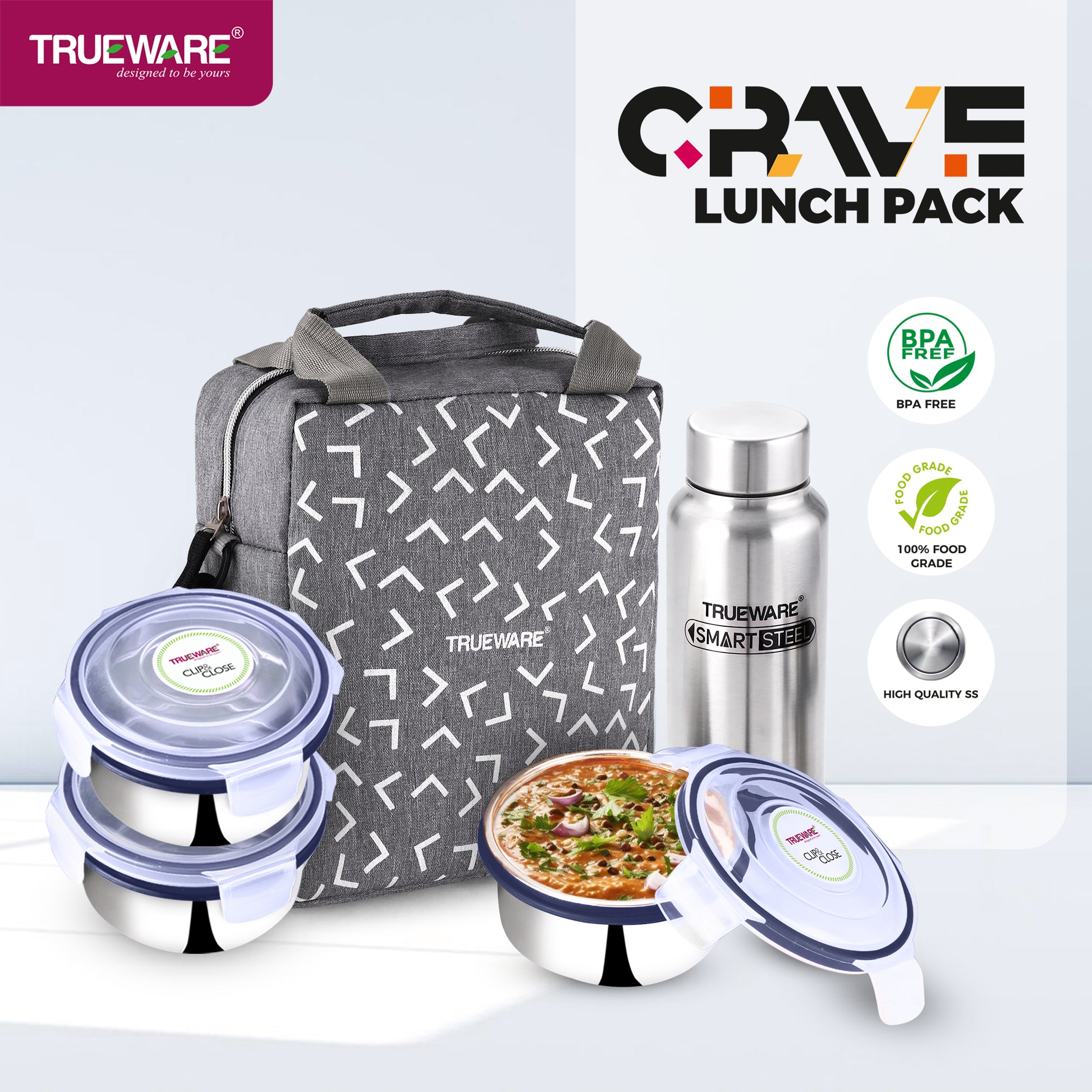 Trueware Crave Clip & Close Khadi Lunch Box with 3 Container 300ml & 1 Bottle 500ml | 3 Containers Lunch Box
