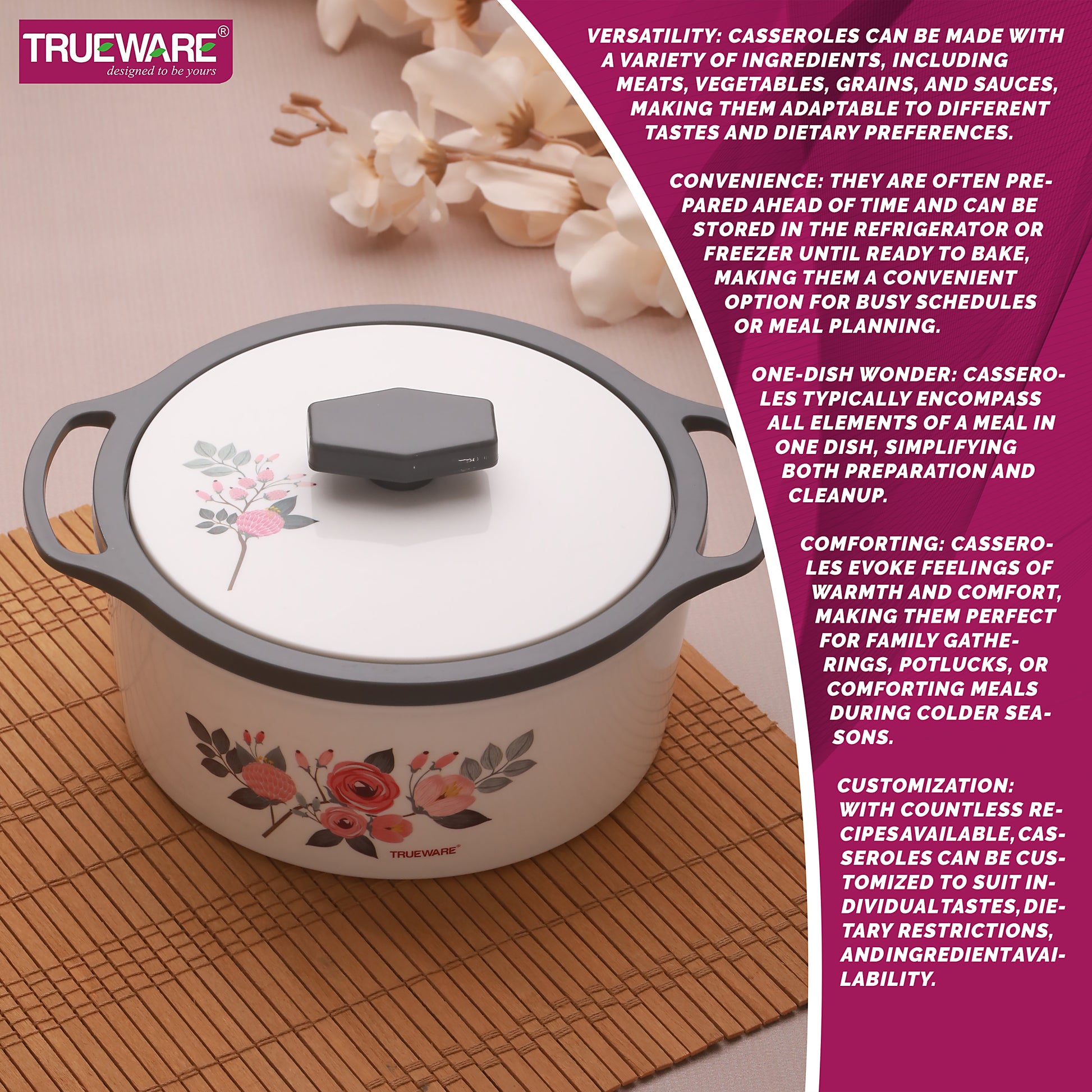 Floraa Casserole | 3000 Ml | Thermoware Casserole | Bpa Free | Inner Steel Outer Plastic