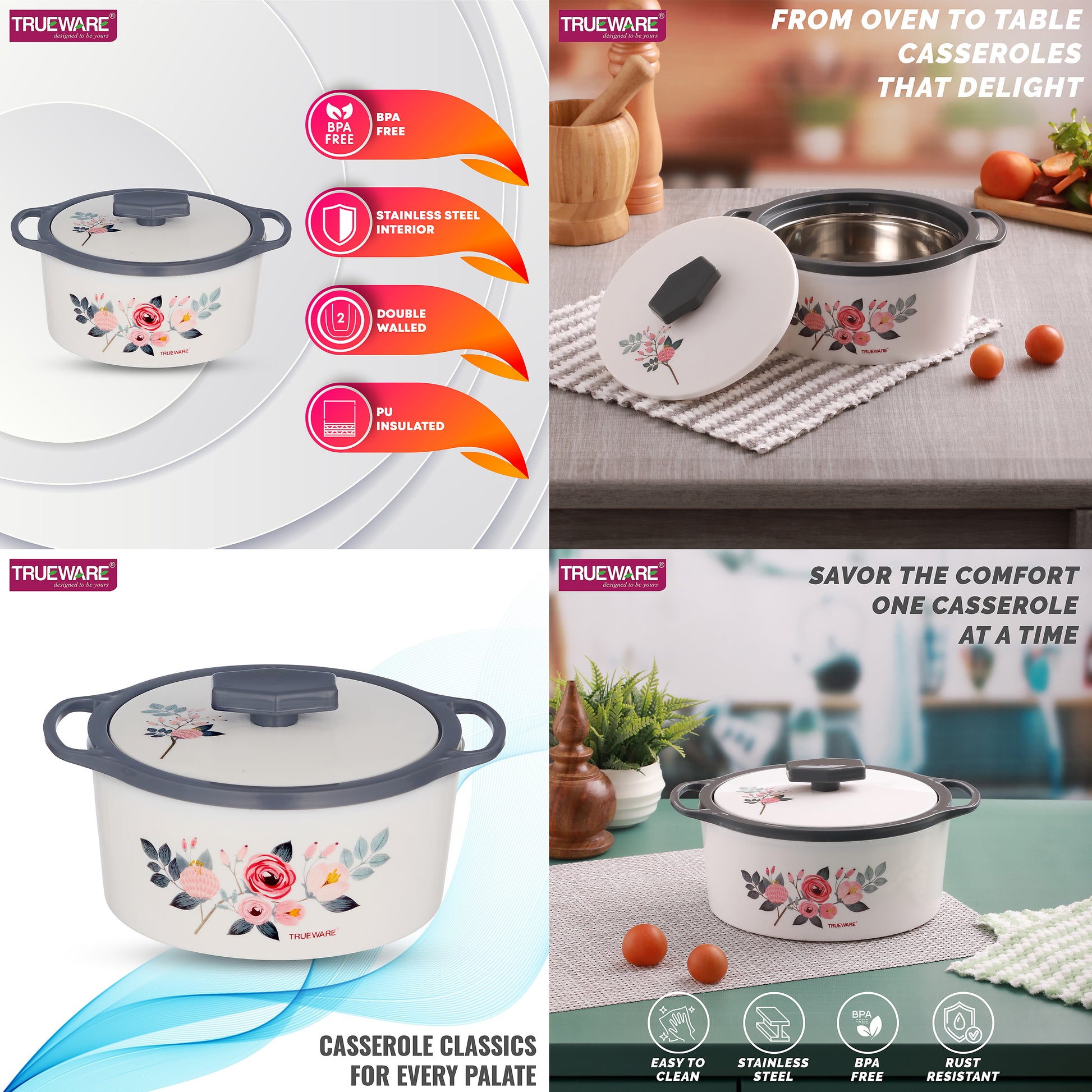 Floraa Casserole | 3000 Ml | Thermoware Casserole | Bpa Free | Inner Steel Outer Plastic