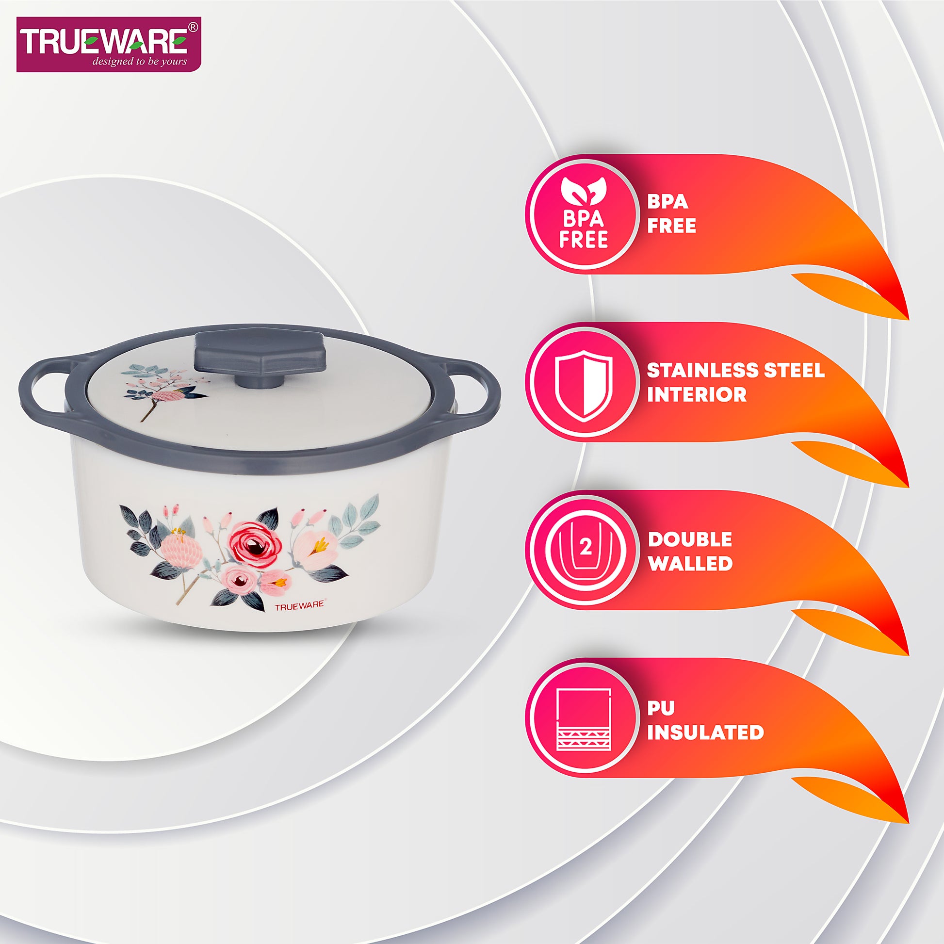 Floraa Casserole | 3000 Ml | Thermoware Casserole | Bpa Free | Inner Steel Outer Plastic