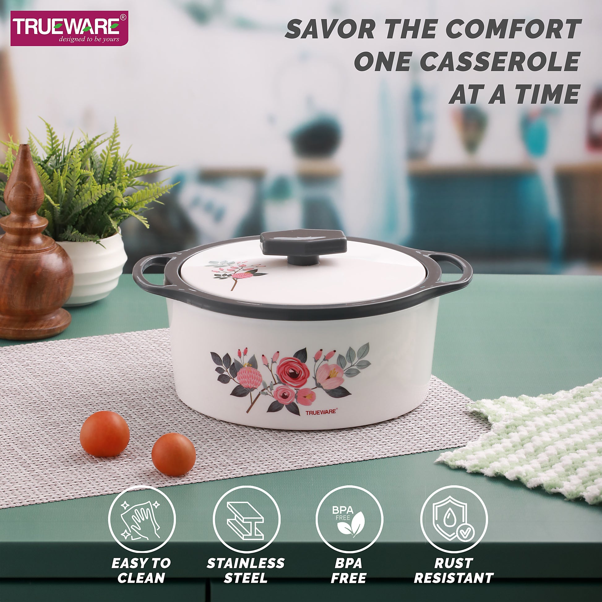 Floraa Casserole | 3000 Ml | Thermoware Casserole | Bpa Free | Inner Steel Outer Plastic