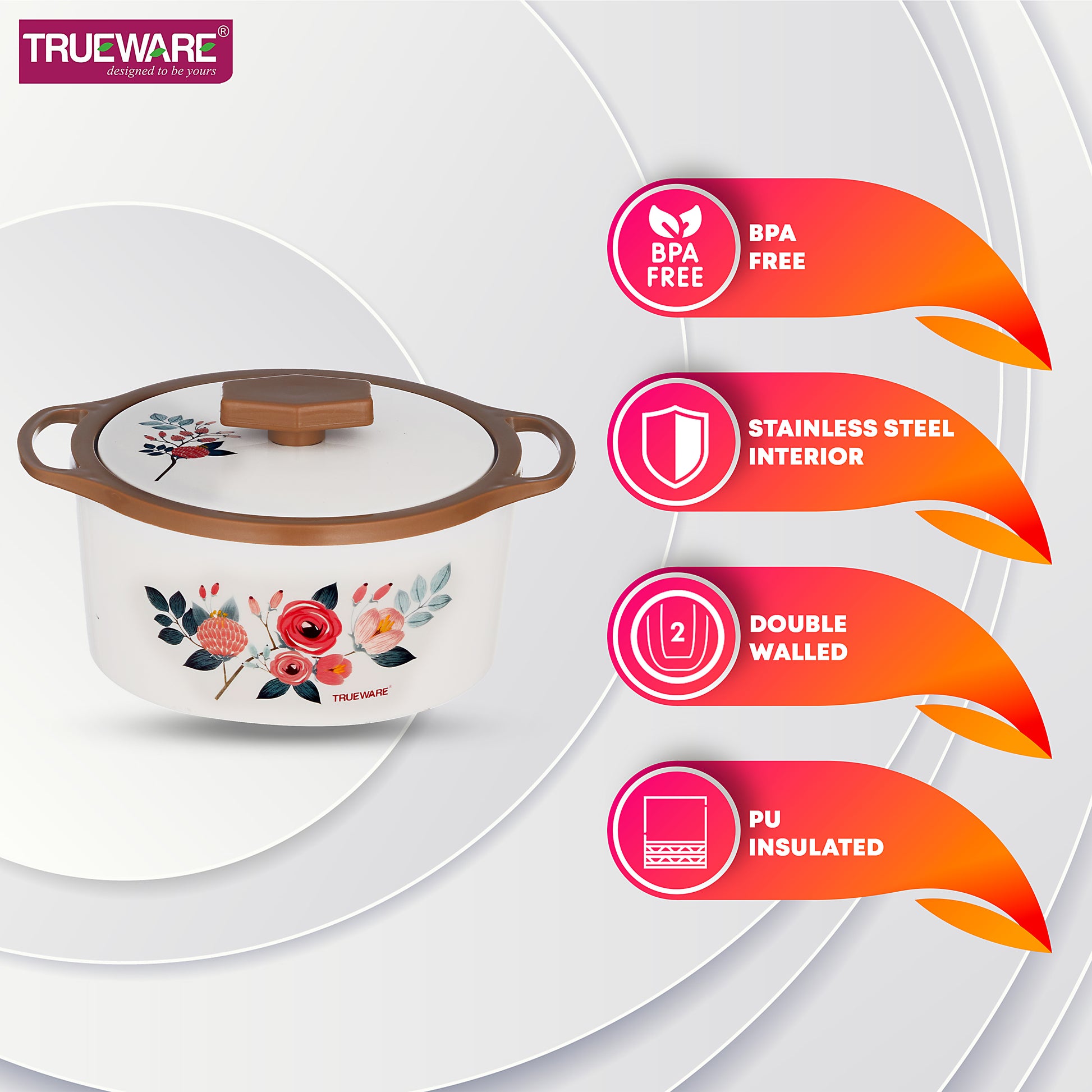 Floraa Casserole | 3000 Ml | Thermoware Casserole | Bpa Free | Inner Steel Outer Plastic