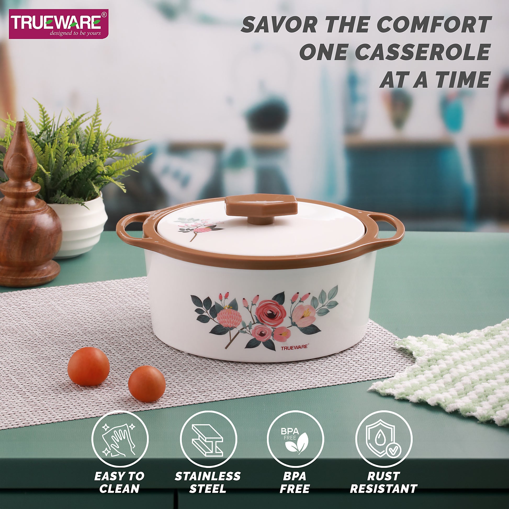 Floraa Casserole | 3000 Ml | Thermoware Casserole | Bpa Free | Inner Steel Outer Plastic