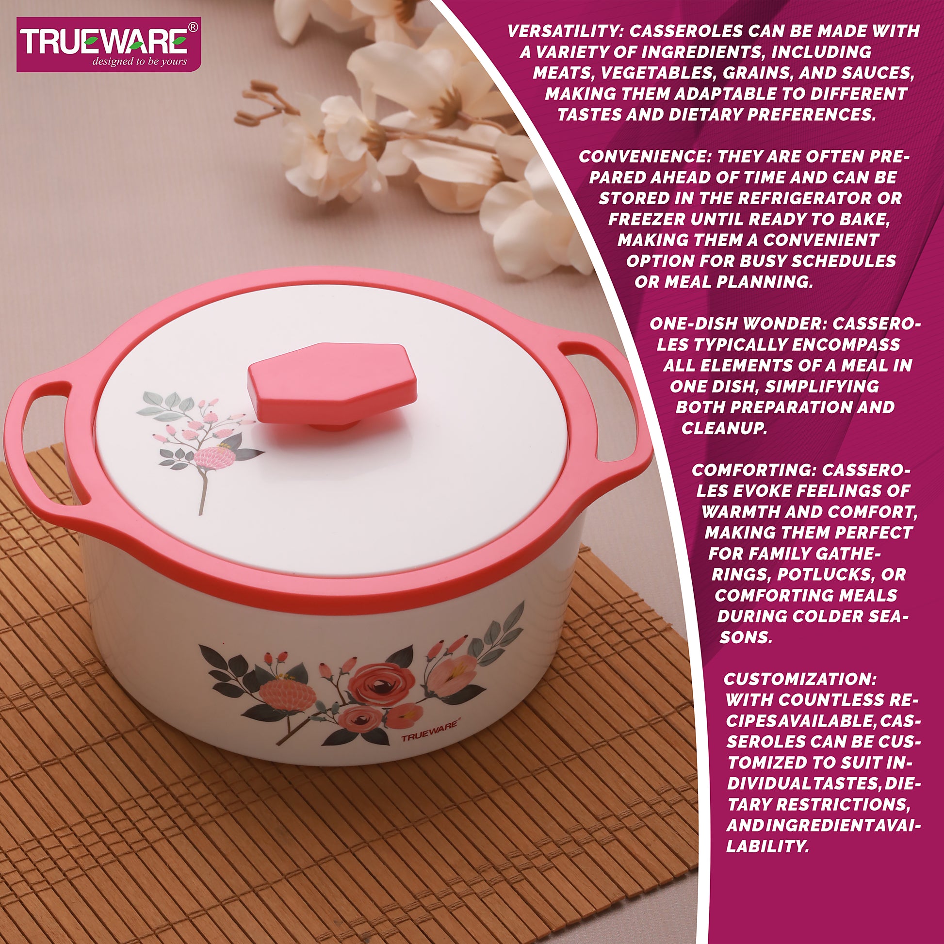 Floraa Casserole | 3000 Ml | Thermoware Casserole | Bpa Free | Inner Steel Outer Plastic