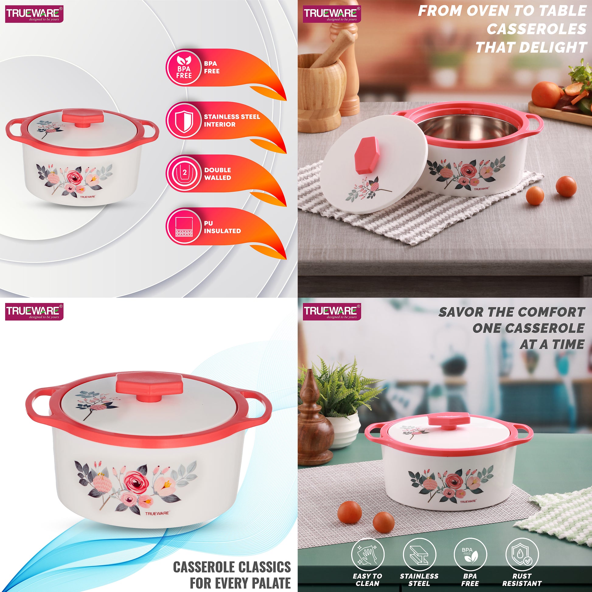 Floraa Casserole | 3000 Ml | Thermoware Casserole | Bpa Free | Inner Steel Outer Plastic