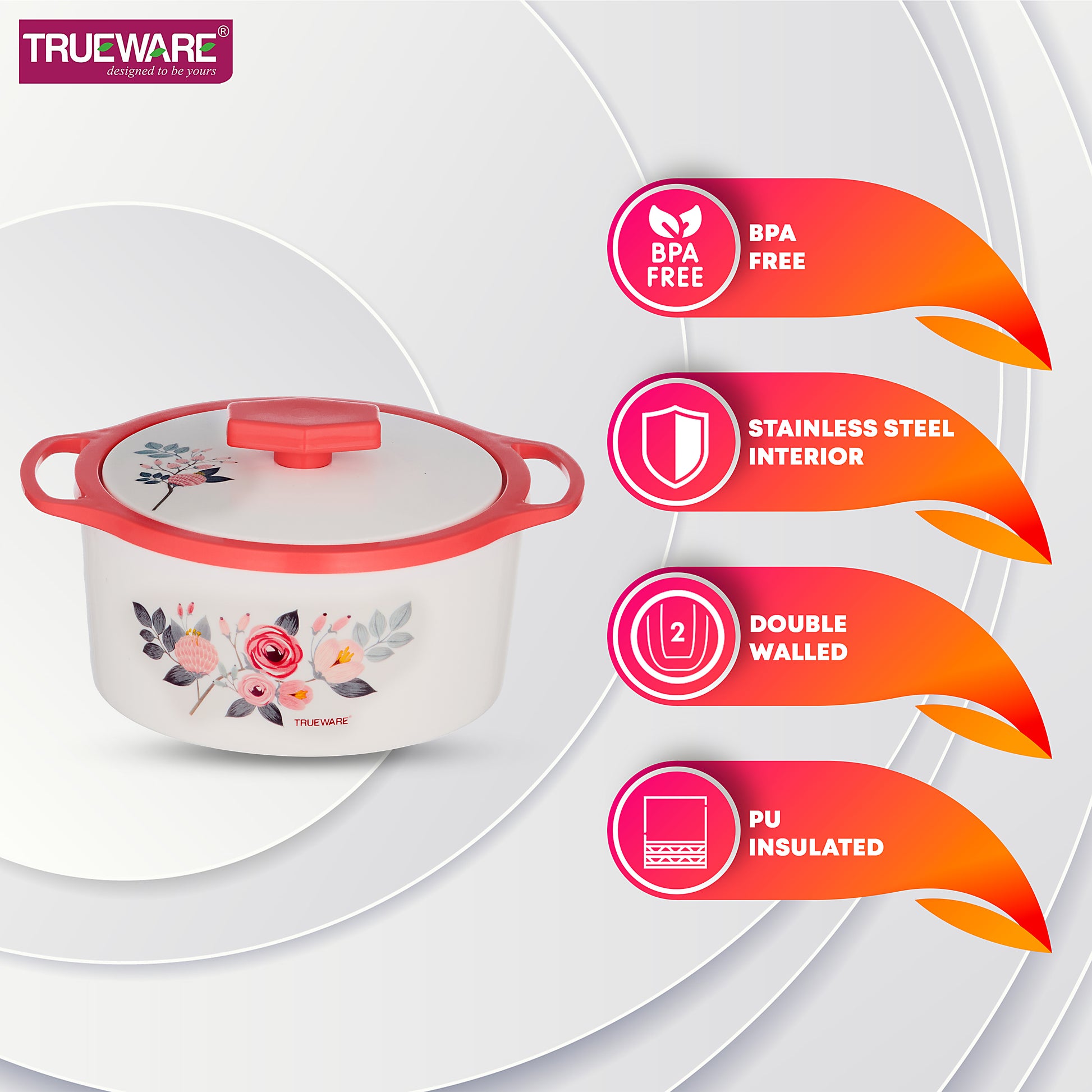 Floraa Casserole | 3000 Ml | Thermoware Casserole | Bpa Free | Inner Steel Outer Plastic