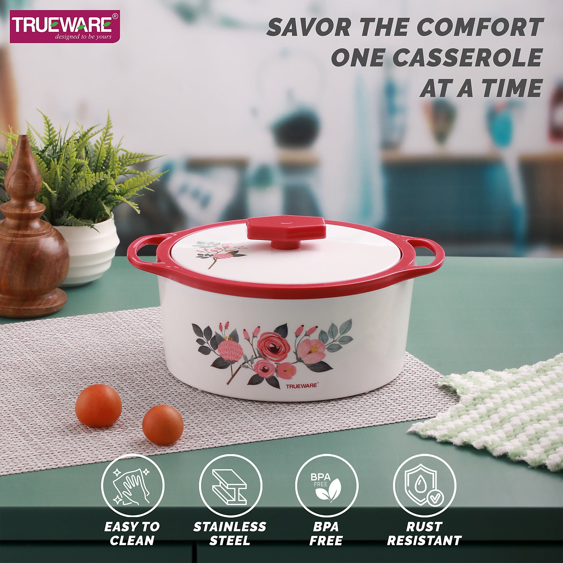 Floraa Casserole | 3000 Ml | Thermoware Casserole | Bpa Free | Inner Steel Outer Plastic