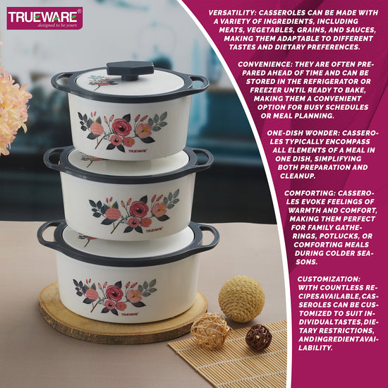 Trueware Floraa Casserole | Set of 3 | 750, 1000 & 1500 ML | Thermoware Casserole