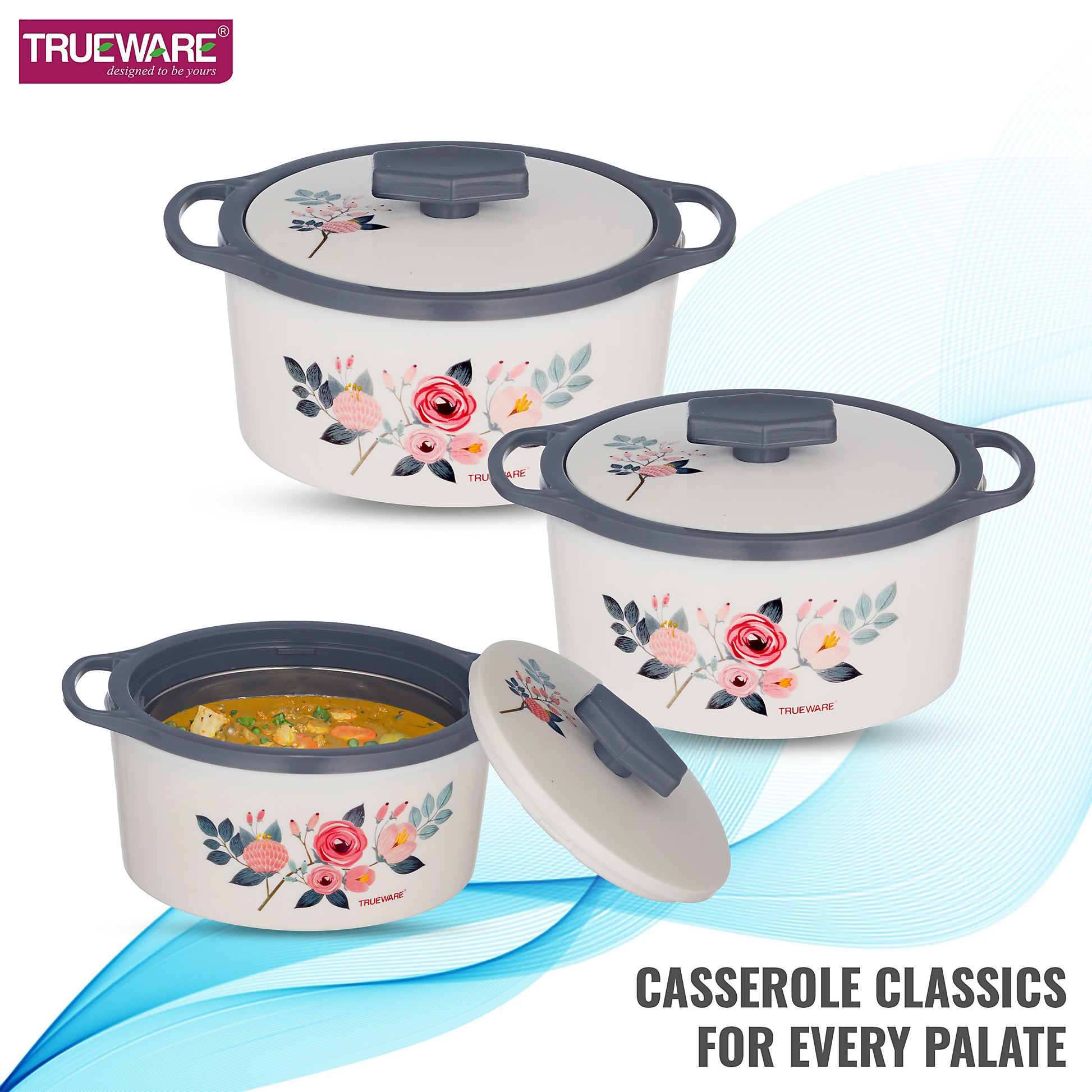 Trueware Floraa Casserole | Set of 3 | 750, 1000 & 1500 ML | Thermoware Casserole