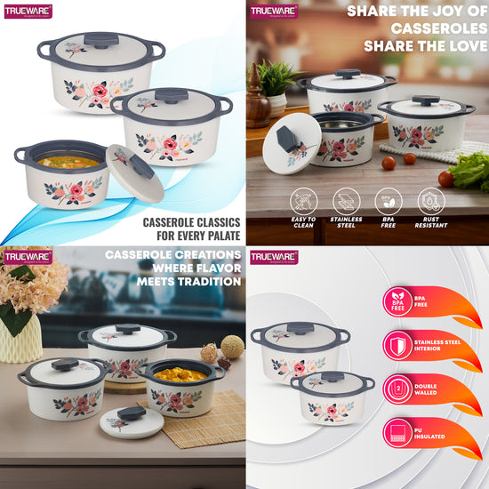 Trueware Floraa Casserole | Set of 3 | 750, 1000 & 1500 ML | Thermoware Casserole