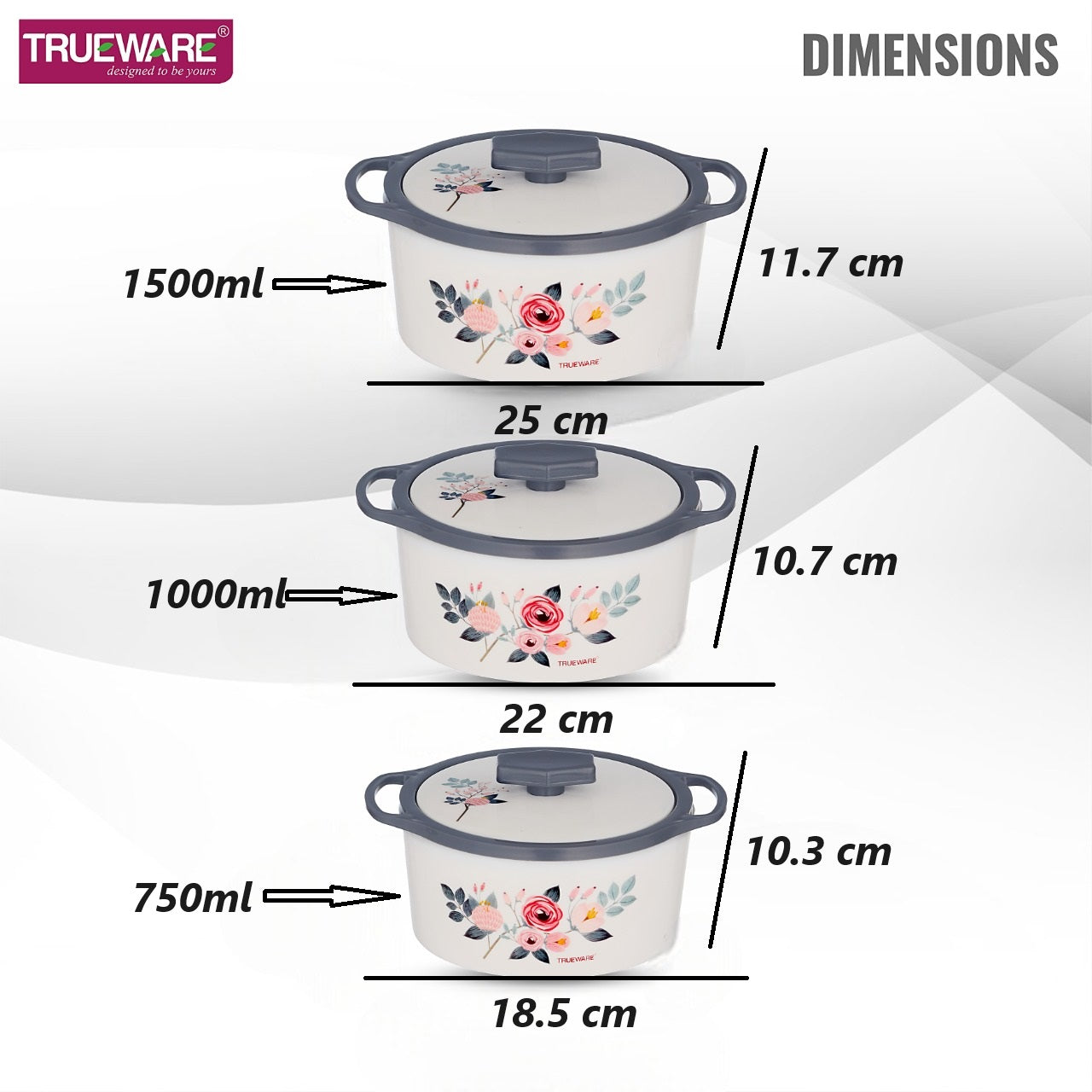 Trueware Floraa Casserole | Set of 3 | 750, 1000 & 1500 ML | Thermoware Casserole
