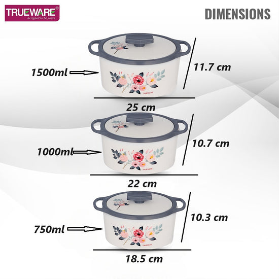 Trueware Floraa Casserole | Set of 3 | 750, 1000 & 1500 ML | Thermoware Casserole