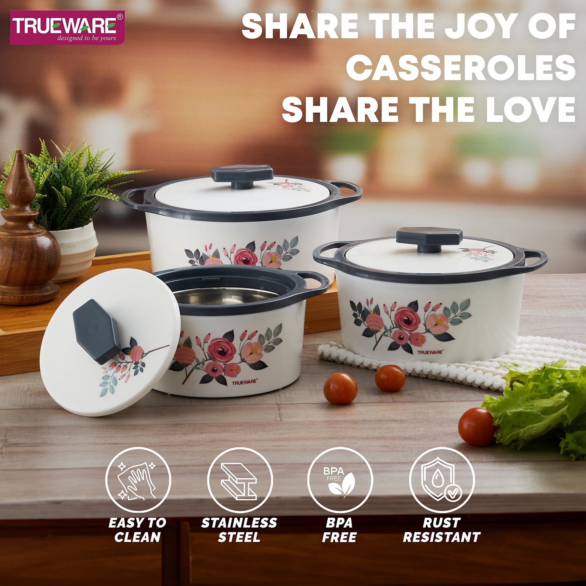 Trueware Floraa Casserole | Set of 3 | 750, 1000 & 1500 ML | Thermoware Casserole