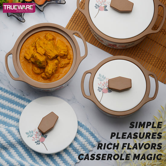 Trueware Floraa Casserole | Set of 3 | 750, 1000 & 1500 ML | Thermoware Casserole