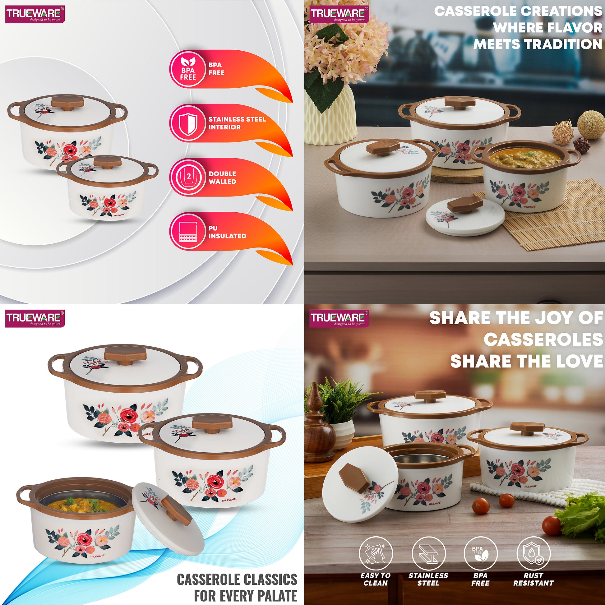 Trueware Floraa Casserole | Set of 3 | 750, 1000 & 1500 ML | Thermoware Casserole