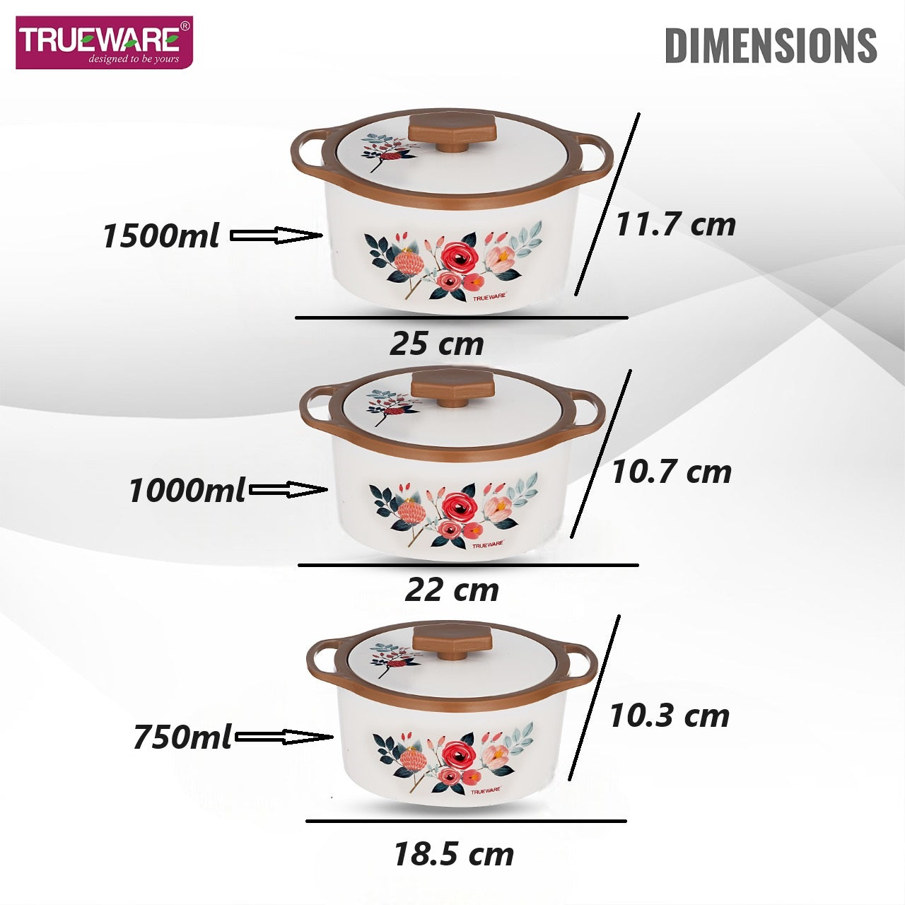 Trueware Floraa Casserole | Set of 3 | 750, 1000 & 1500 ML | Thermoware Casserole