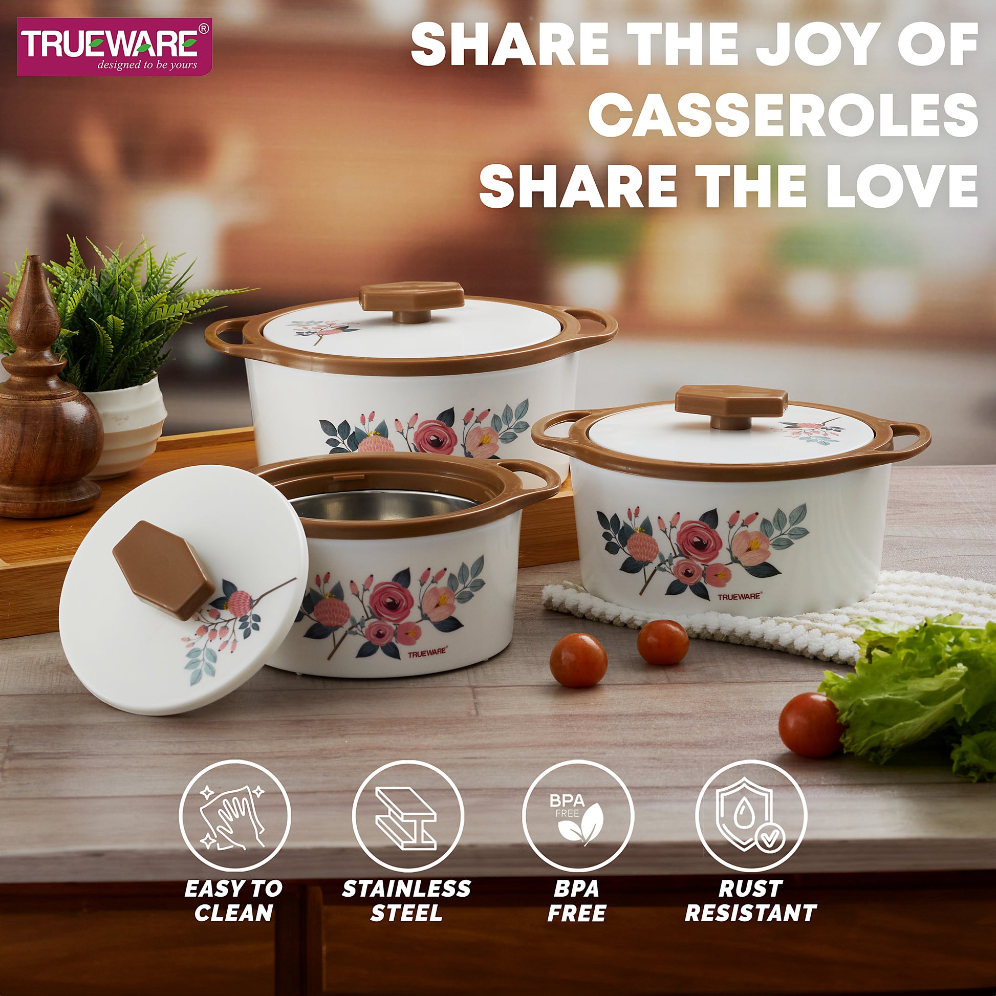 Trueware Floraa Casserole | Set of 3 | 750, 1000 & 1500 ML | Thermoware Casserole