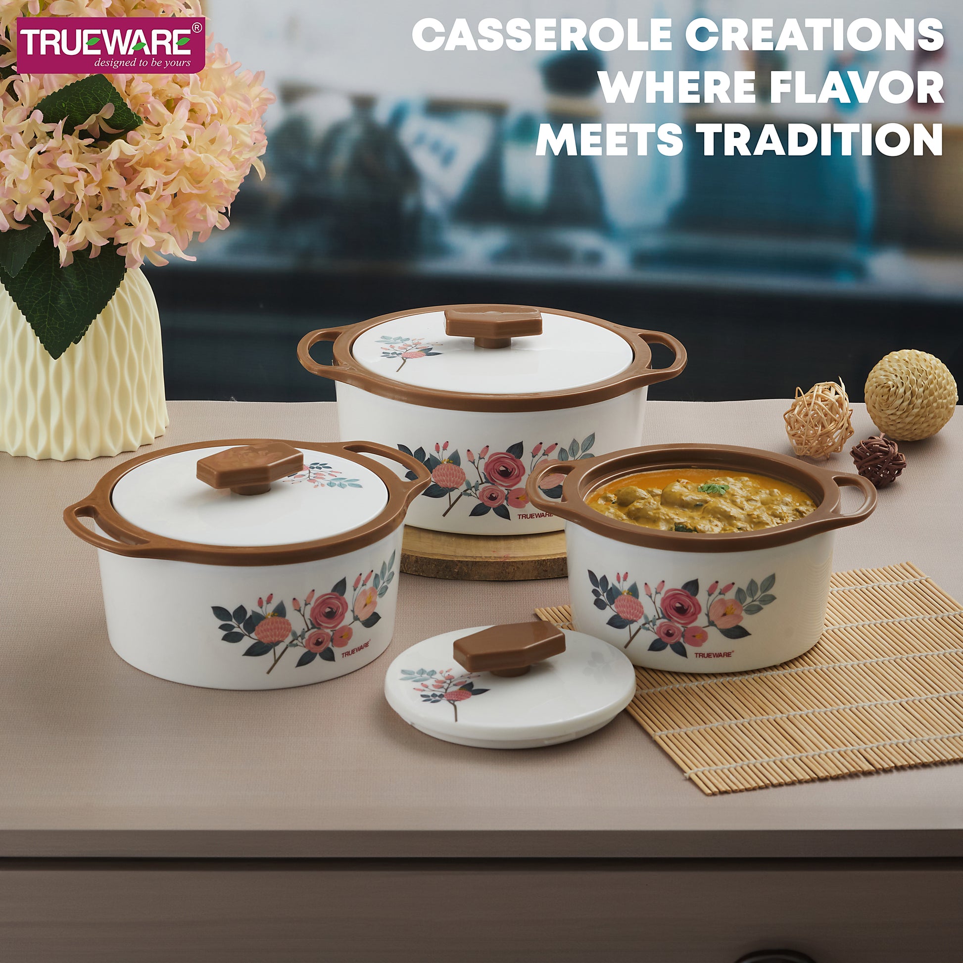 Trueware Floraa Casserole | Set of 3 | 750, 1000 & 1500 ML | Thermoware Casserole