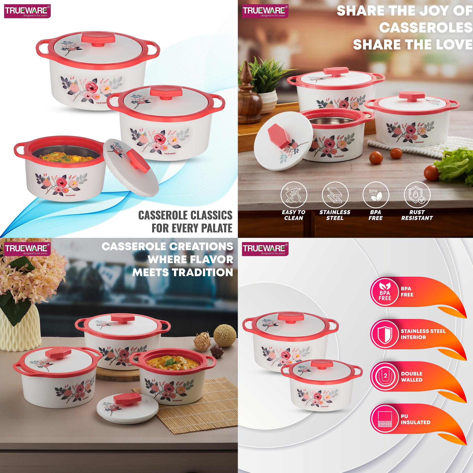 Trueware Floraa Casserole | Set of 3 | 750, 1000 & 1500 ML | Thermoware Casserole