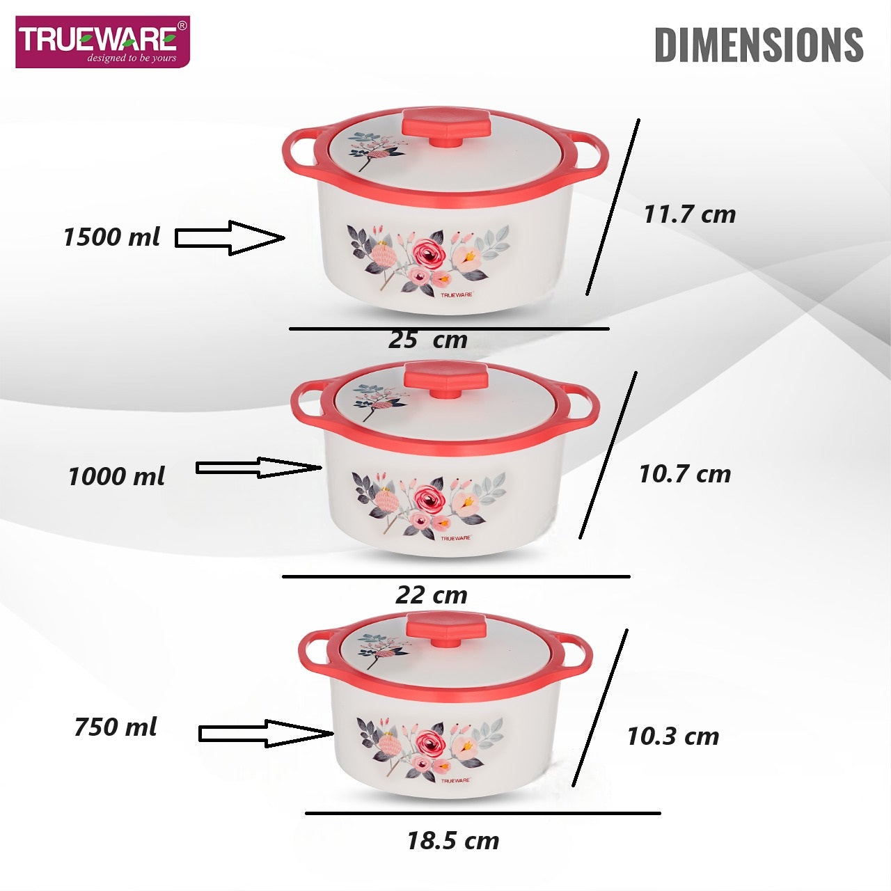 Trueware Floraa Casserole | Set of 3 | 750, 1000 & 1500 ML | Thermoware Casserole