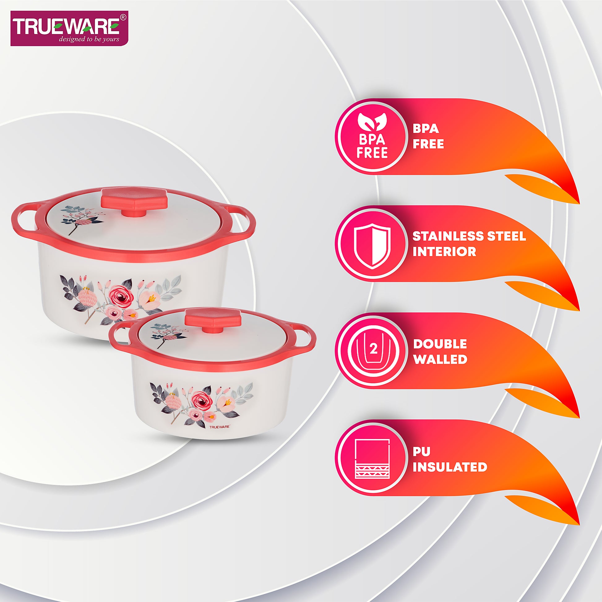Trueware Floraa Casserole | Set of 3 | 750, 1000 & 1500 ML | Thermoware Casserole