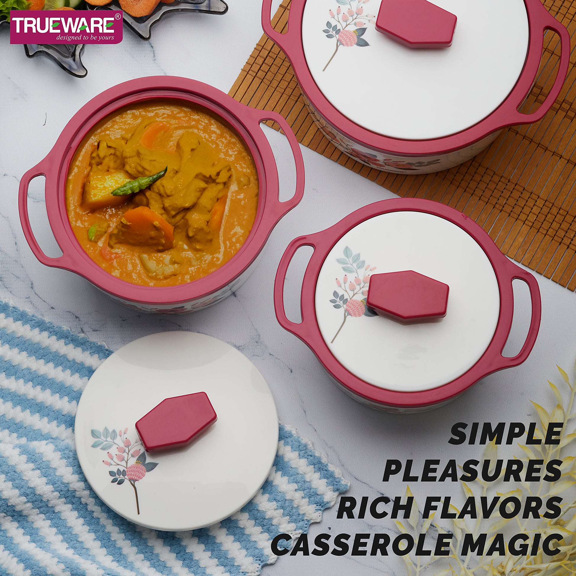 Trueware Floraa Casserole | Set of 3 | 750, 1000 & 1500 ML | Thermoware Casserole