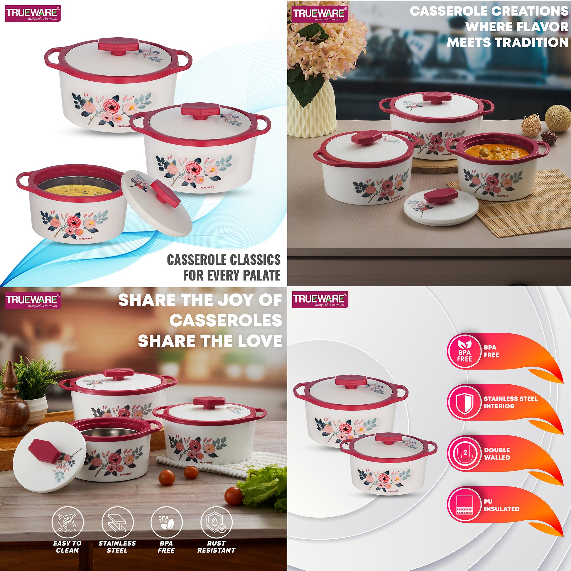 Trueware Floraa Casserole | Set of 3 | 750, 1000 & 1500 ML | Thermoware Casserole