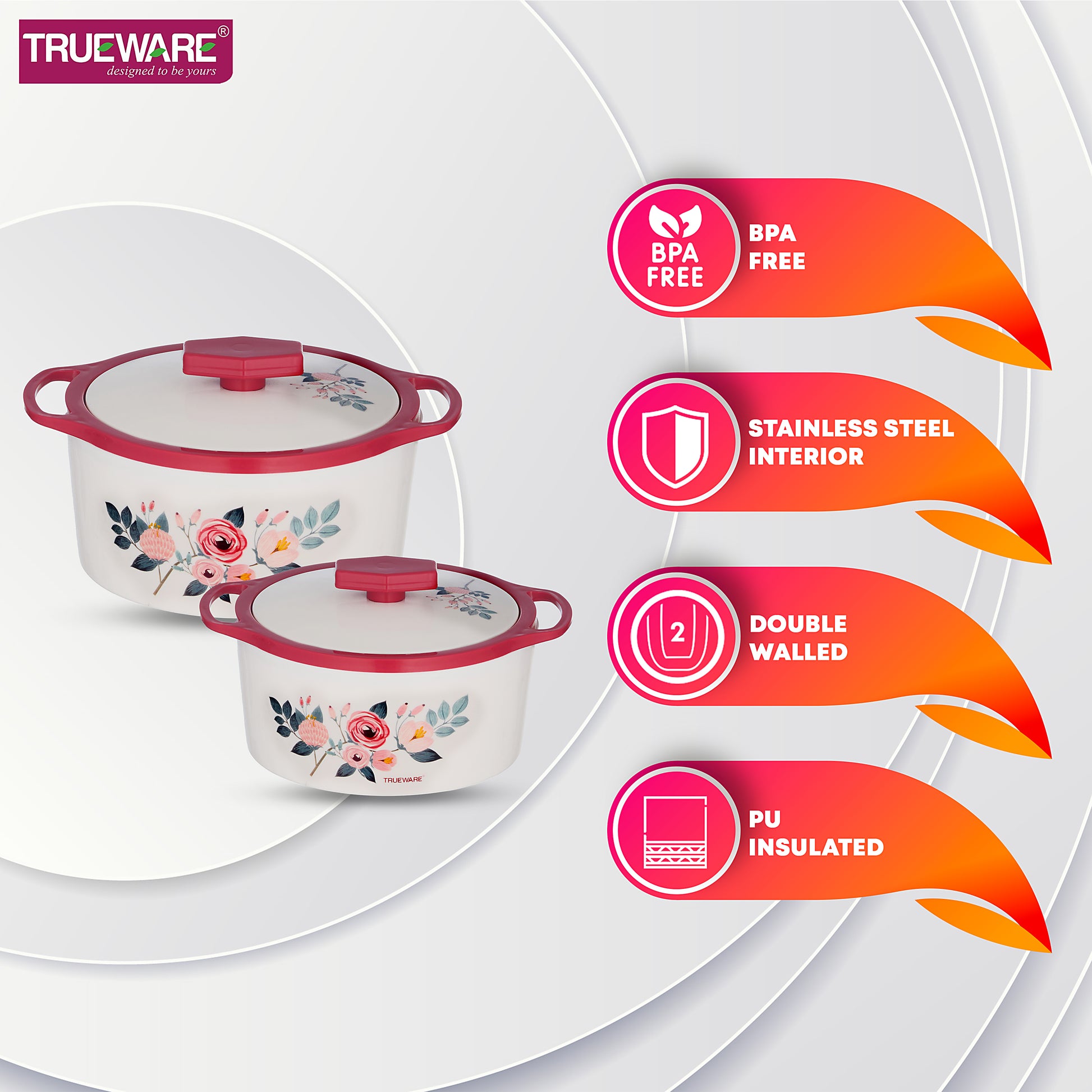 Trueware Floraa Casserole | Set of 3 | 750, 1000 & 1500 ML | Thermoware Casserole